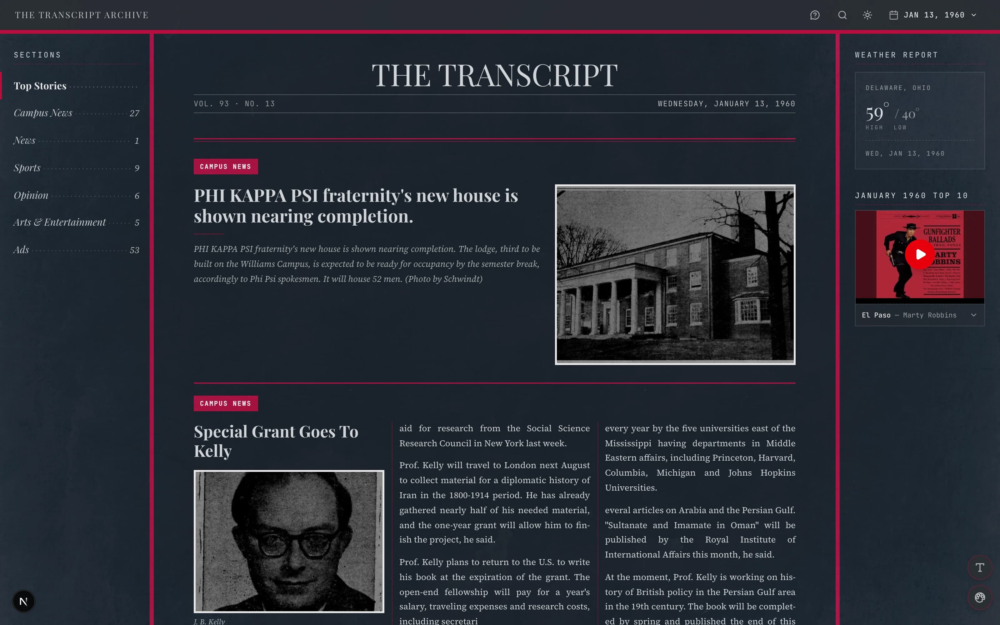 The edition reader open to The Transcript for Wednesday, January 13, 1960, showing scanned front-page stories beside a section index, a weather report and a January 1960 top-ten panel.